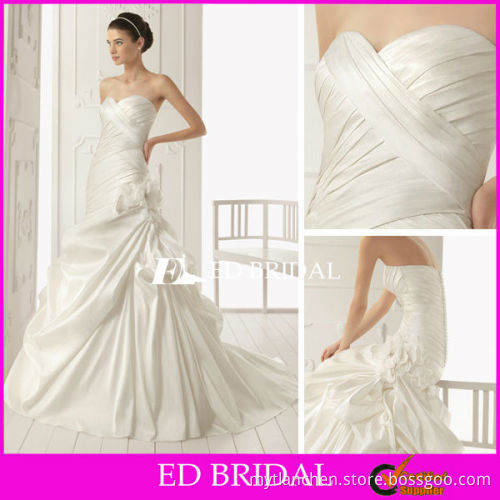 A Line Sweetheart Court Train Fit and Flare Satin Wedding Dress With Ruching